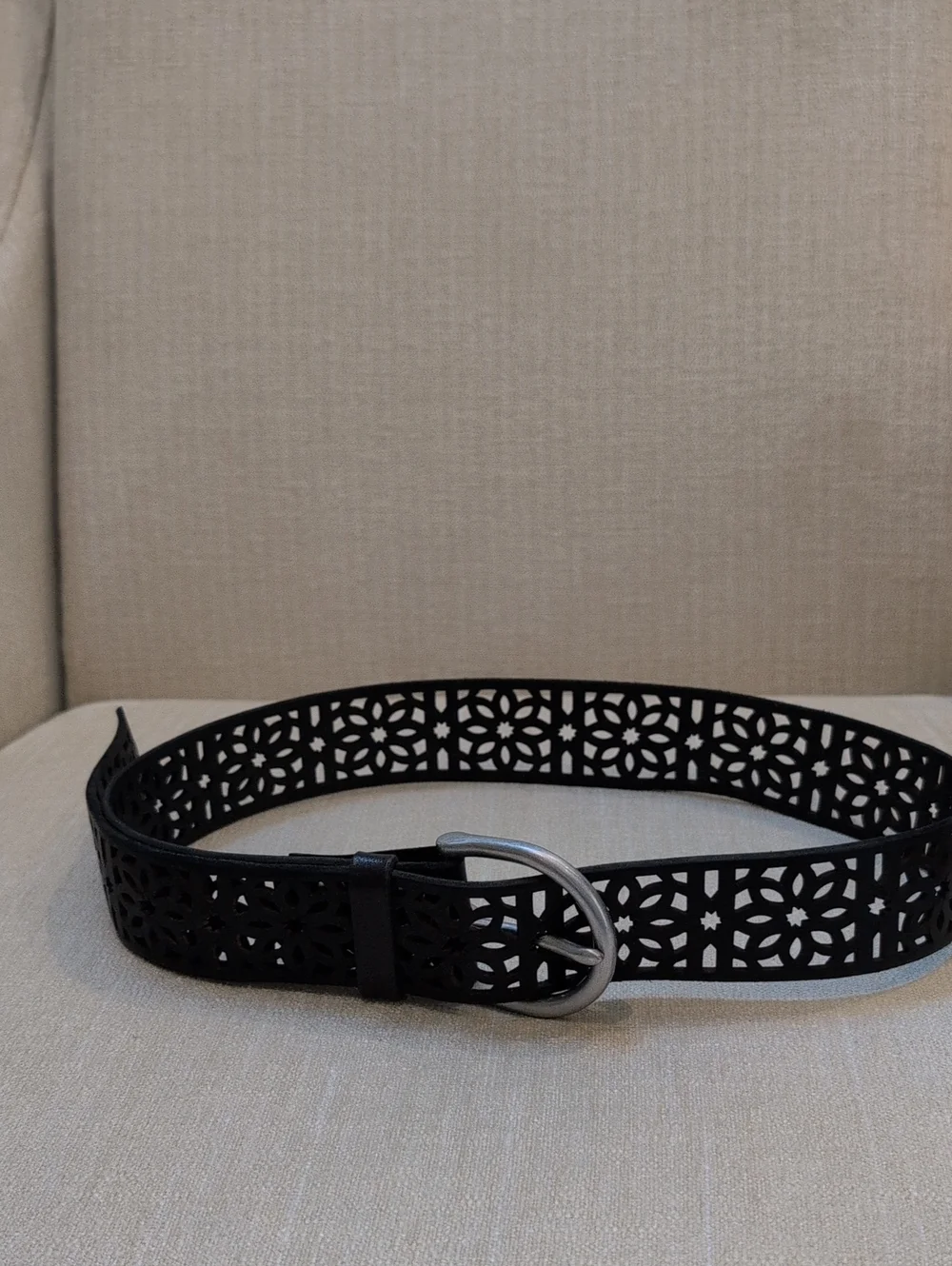 Black Laser-Cut Floral Leather Belt Silver Buckle Adjustable